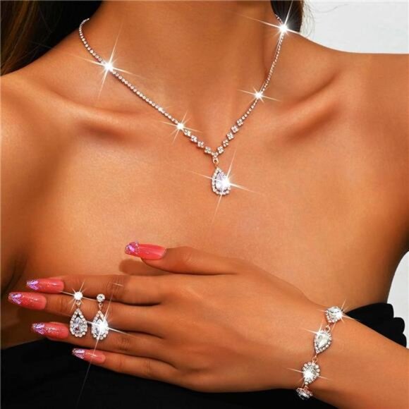 Bride Crystal Necklace Earrings Set  D-3 Pack Rose Gold Necklace Bracelet Earrin - Picture 2 of 7